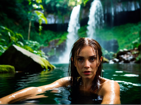 Beautiful woman bathing in a waterfall in Bali, Indonesia.の素材