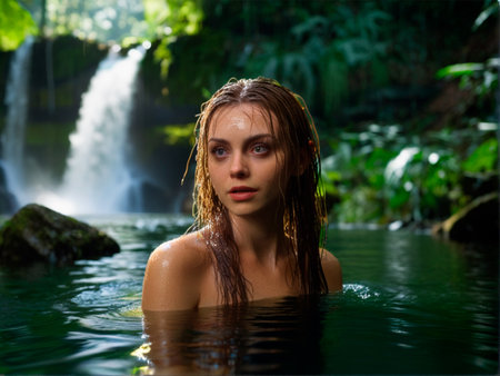 Beautiful young woman bathing in a waterfall in Bali, Indonesiaの素材