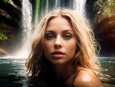 Portrait of a beautiful young woman in the water at the waterfallの素材