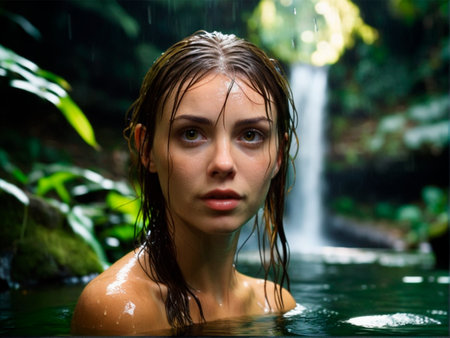 Beautiful young woman relaxing in a tropical waterfall. Selective focus.の素材