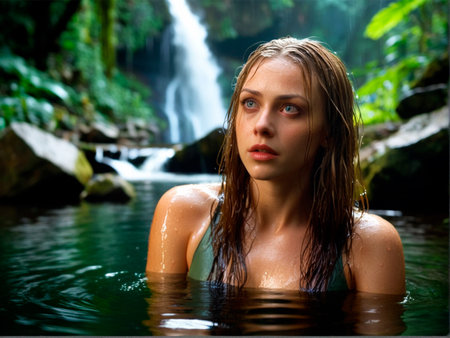 Beautiful young woman in a waterfall in Bali, Indonesia.の素材