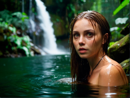 Beautiful young woman in a waterfall in Bali, Indonesia.の素材