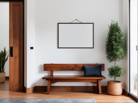 Interior of modern living room with wooden bench, plant and picture frameの素材