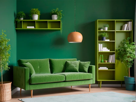 Green living room interior with a green sofa and bookshelves. 3d renderの素材