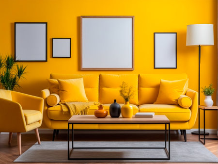 Interior of modern living room with yellow sofa, coffee table and two mock up postersの素材