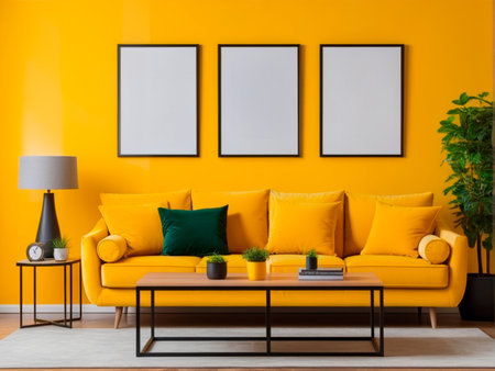Interior of living room with yellow sofa, coffee table and mock up poster frameの素材