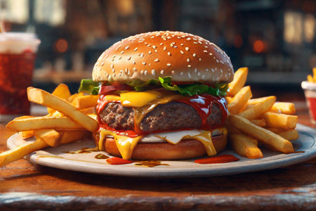 Cheese burger - American cheese burger with Golden French fries on wooden tableの素材