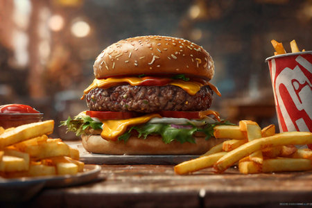 Cheese burger - American cheese burger with Golden French fries on wooden tableの素材