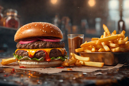 Cheese burger - American cheese burger with Golden French fries on wooden tableの素材