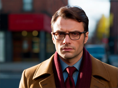 Portrait of a handsome man in coat and glasses on the streetの素材