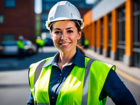 Portrait of a female construction worker on the background of a buildingの素材