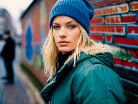 Portrait of a beautiful blonde girl in a blue hat against the background of a brick wallの素材