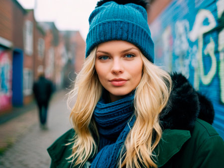 Outdoor portrait of beautiful young woman in winter clothes posing in the street.の素材