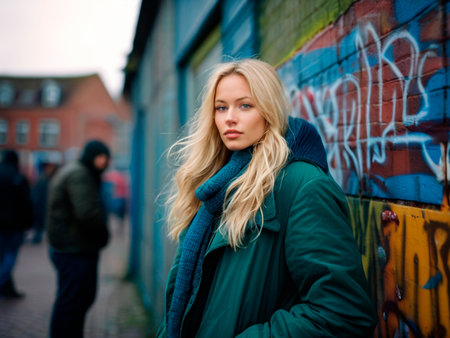 Beautiful blonde girl in a green coat against the backdrop of a graffiti wallの素材