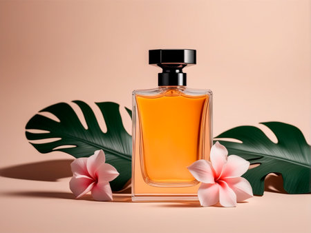 bottle of perfume with tropical flowers on a beige background.の素材