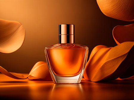 Perfume bottle on a brown background with orange petals.の素材