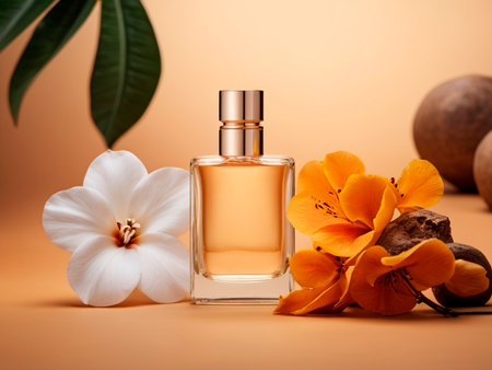 Perfume bottle with tropical flowers on orange background. Beauty and spa concept.の素材