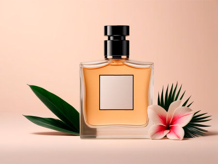 Perfume bottle with tropical leaves and flower on pastel backgroundの素材