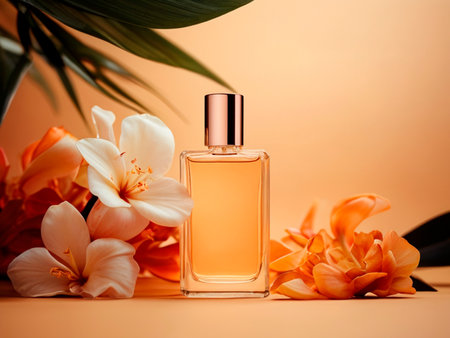 bottle of perfume on orange background with flowers, close up viewの素材