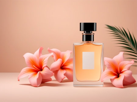 Perfume bottle with tropical flowers on pastel pink background.の素材