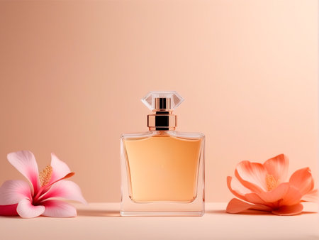 Perfume bottle with pink flower on pastel pink background.の素材