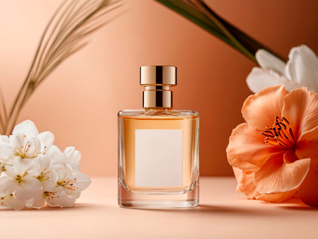 Perfume bottle with white lily flowers on orange background.の素材