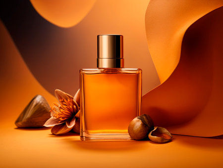 Bottle of perfume with nuts and flowers on a orange background.の素材