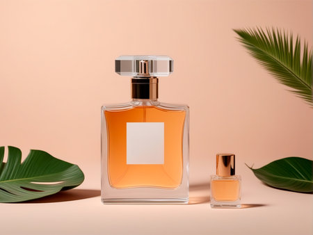 Perfume bottle with blank label and palm leaves on pastel backgroundの素材