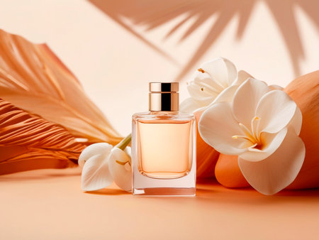 Bottle of perfume with tropical flowers and palm leaves on orange backgroundの素材