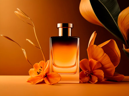 Perfume bottle with flowers on orange background. Perfumery concept.の素材