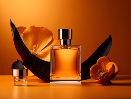 Perfume bottle with flower on orange background. Beauty and fashion conceptの素材