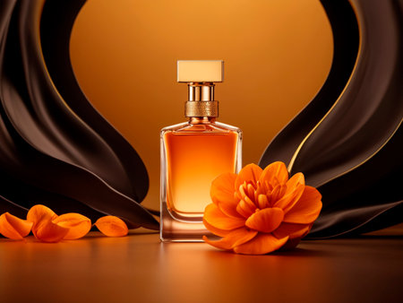 Perfume bottle with orange flower on black and brown background.の素材