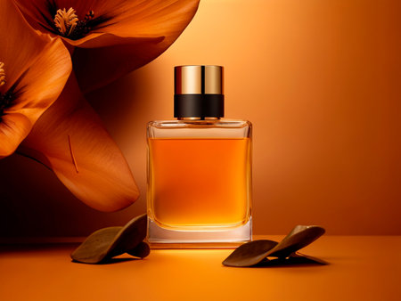 Bottle of perfume with flowers on a orange background. 3d renderingの素材