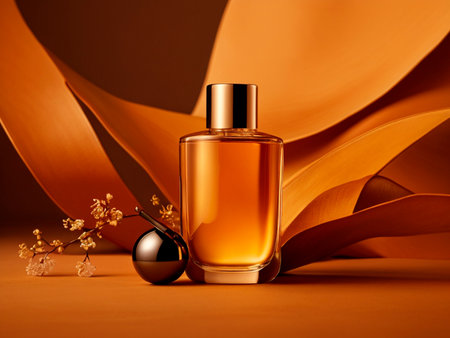 bottle of perfume with flowers on orange background. 3d illustrationの素材