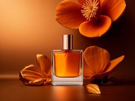 Perfume bottle with orange flowers on a brown background. Copy space.の素材