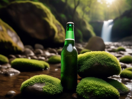 Beer bottle with moss and waterfall in the background. 3D Renderingの素材