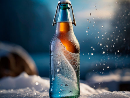 Cold beer in a glass bottle with drops of water on a snowy backgroundの素材