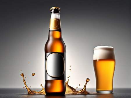Beer bottle and glass with beer splash on dark background. 3d illustrationの素材