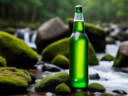 Green bottle of beer on the rocks by a stream in the forestの素材