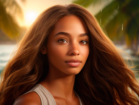 Close up portrait of a young beautiful african american woman on the beachの素材