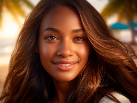 Close up portrait of a beautiful young woman smiling at the beach.の素材
