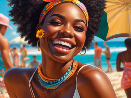 Beautiful african american woman on the beach. Summer vibes.の素材