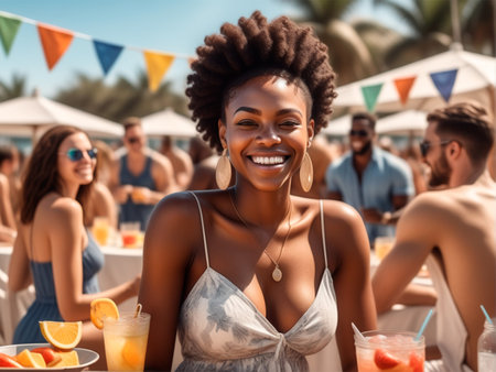 Beautiful african american woman smiling and looking at camera while having cocktail on beach partyの素材