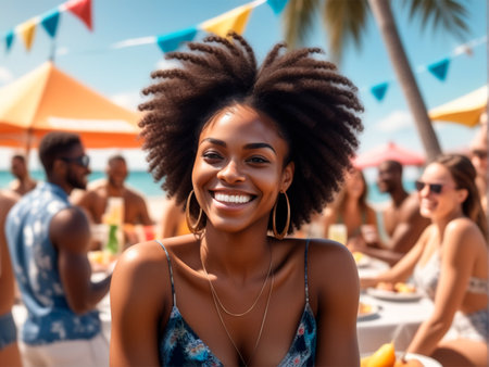 Beautiful african american woman with afro hairstyle smiling at camera on beachの素材