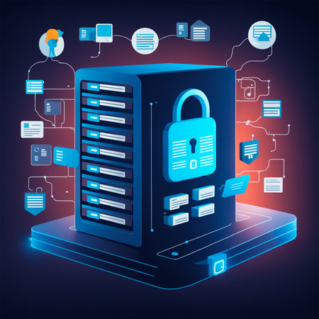 Data protection concept. Server with padlock on screen. Vector illustrationの素材