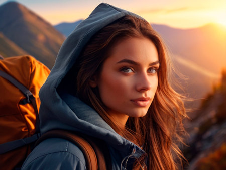 Portrait of a beautiful young woman with backpack in the mountains.の素材