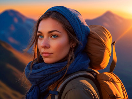 Beautiful young woman hiker with backpack hiking in mountains at sunsetの素材