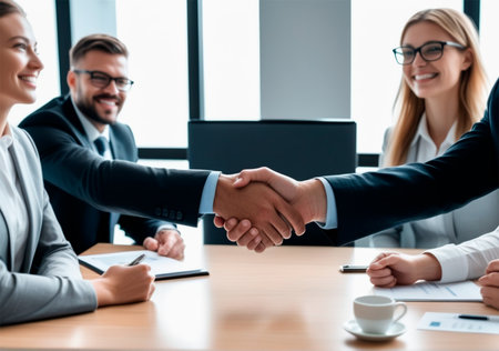 cropped view of smiling businesspeople shaking hands during meeting in officeの素材