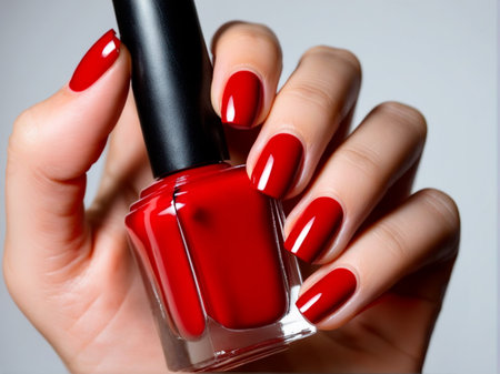 Female hand with red manicure holding a bottle of nail polish.の素材