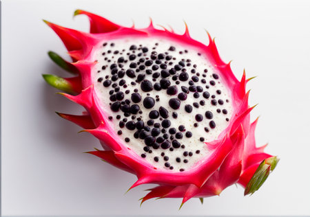 dragon fruit with black seeds on a white background, close-upの素材